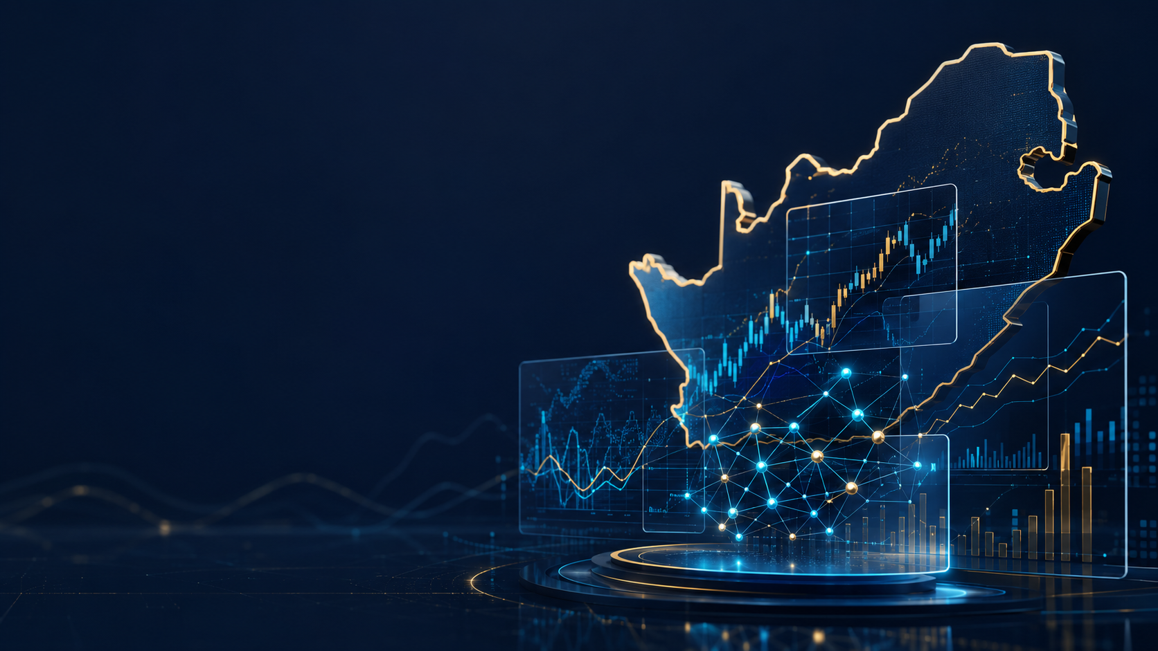 Conceptual AI market analysis visual with South Africa outline